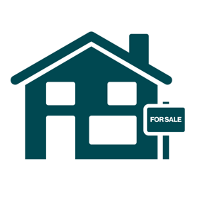 A green graphic style icon of a detached house with a "For Sale" sign placed to the right of the house